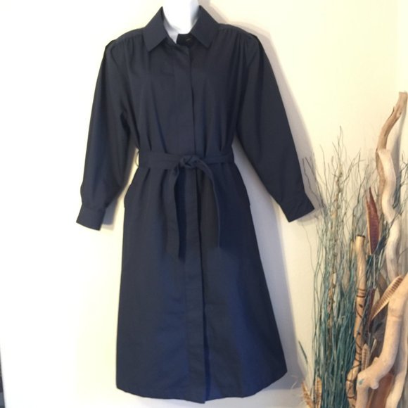 Vintage Saxton Hall navy trench coat belted zip out plaid liner size 8 petite - Picture 1 of 16